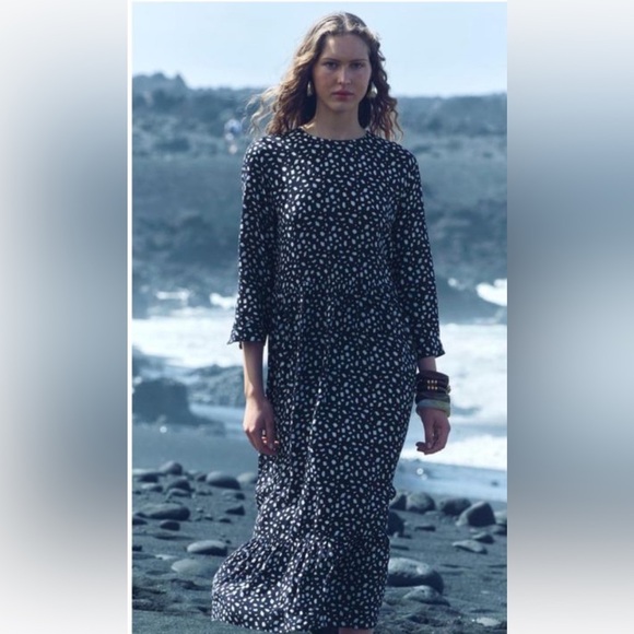 Zara Woman Navy Blue Polka Dots Long Maxi Flowy Swing Shirt Dress Size S Button - Picture 1 of 11
